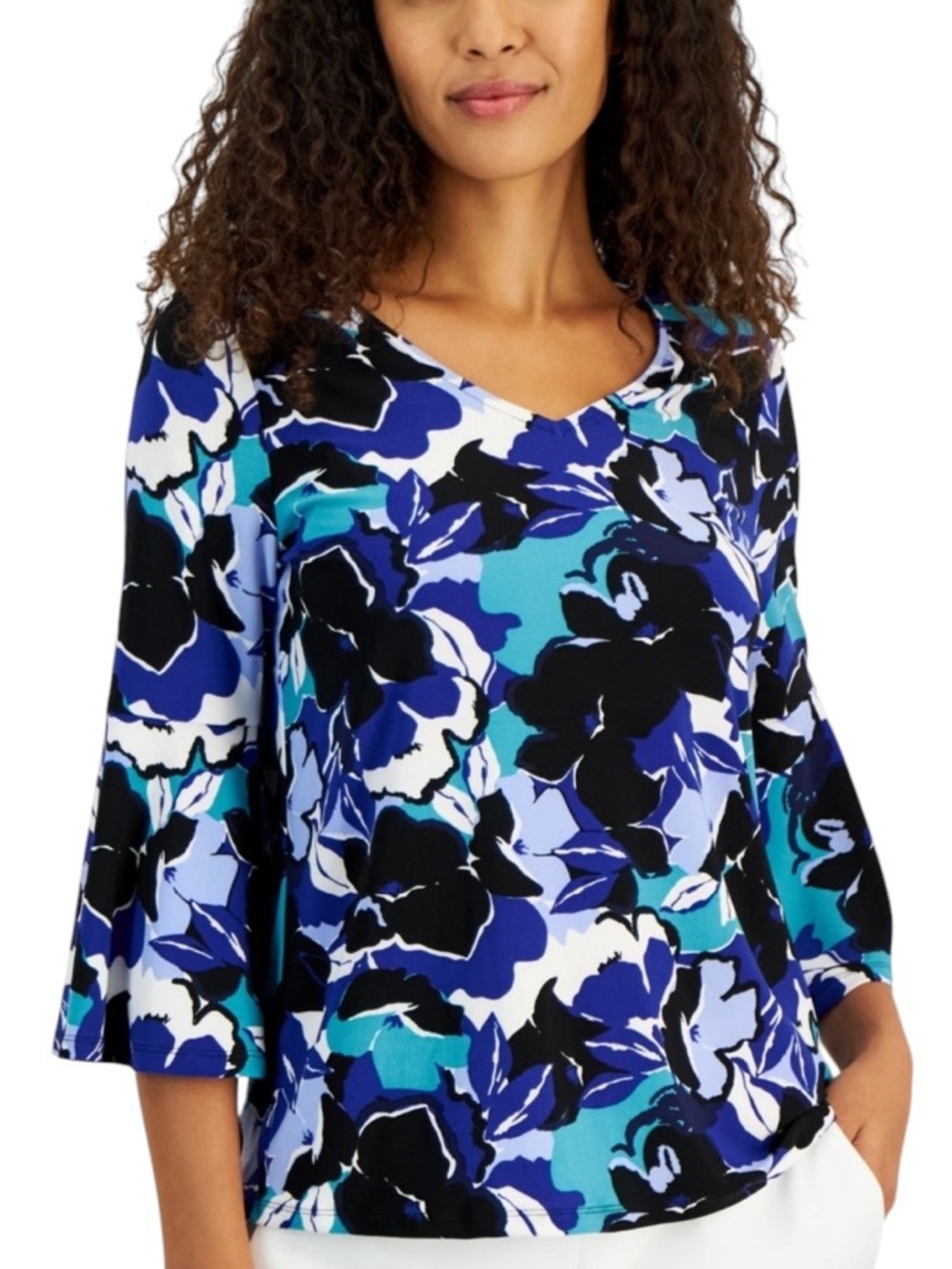 Kasper Blue Floral V Neck 3/4 Bell Sleeve Pullover Top Blouse NEW Size L